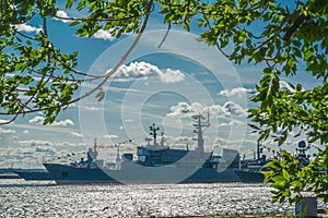 Military ships at the naval base.