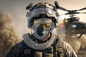 Military soldier in professional equipment on the battlefied. Realism style detailed picture of human. Generative AI