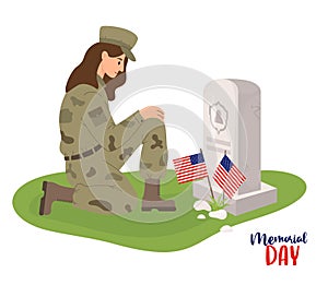 Military soldier woman on one knee in front of stone grave with American flags. Memorial Day. Veterans Cemetery. Vector