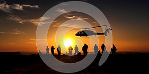 Military soldiers army force operation mission at sunset in enemy filed. Epic war patriotic concept. Generative AI