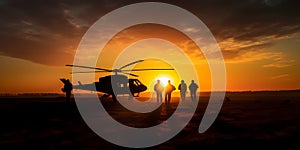 Military soldiers army force operation mission at sunset in enemy filed. Epic war patriotic concept. Generative AI
