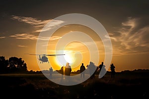 Military soldiers army force operation mission at sunset in enemy filed. Epic war patriotic concept. Generative AI