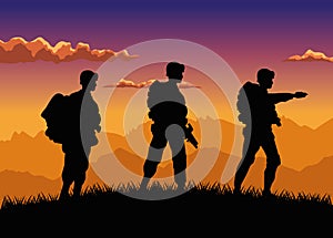 Military soldiers silhouettes figures in the camp sunset scene