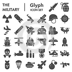 Military solid icon set. Army signs collection, sketches, logo illustrations, web symbols, glyph style pictograms