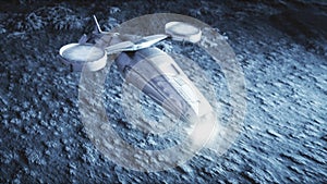 Military space ship fly on moon. Moon colony. Earth backround. 3d rendering.