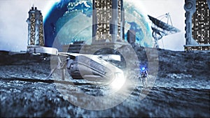 Military space ship fly on moon. Moon colony. Earth backround. 3d rendering.