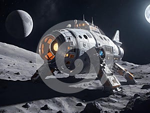 military spaceship landing on alien planet, moon in the sky, generative ai illustration