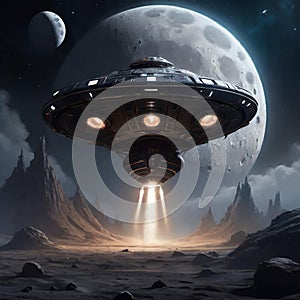 military spaceship landing on alien planet, moon in the sky, generative ai illustration