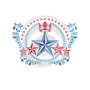 Military Star emblem created with royal crown and floral ornament. Heraldic vector design element, 5 stars guaranty insignia. Re