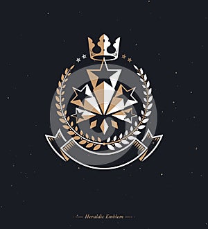 Military Star emblem decorated with royal crown and laurel wreath. Heraldic vector design element, 5 stars guaranty insignia. photo