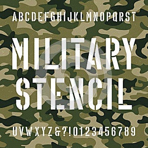 Military stencil alphabet font. Type letters and numbers on distressed camo seamless background.