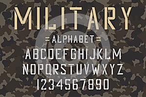 Military stencil font. Army stencil alphabet and numbers on camouflage background. Vintage typeface.