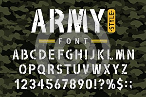 Military stencil font on camouflage background. Rough and grungy stencil alphabet with numbers in retro army style