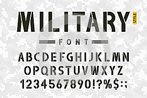 Military stencil font on camouflage background. Rough and grungy stencil alphabet with numbers in retro army style. Vintage