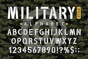 Military stencil font on camouflage background. Stencil alphabet with numbers in retro army style photo