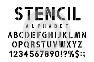 Military stencil font. Stencil alphabet with numbers in retro army style. Vintage and urban font for stencil-plate