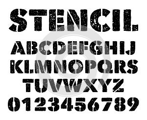 Military stencil letters and numbers. Spray painted army grunge alphabet. Vintage graffiti vector font photo