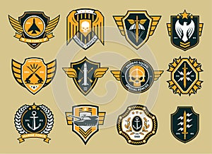 Military stripes, emblems, badges. Signs of different types of troops, ranks. Vector illustration