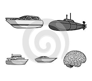 A military submarine, a speedboat, a pleasure boat and a spirit boat.Ships and water transport set collection icons in