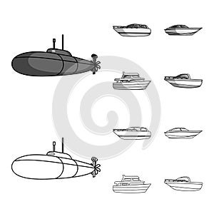 A military submarine, a speedboat, a pleasure boat and a spirit boat.Ships and water transport set collection icons in