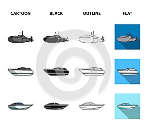 A military submarine, a speedboat, a pleasure boat and a spirit boat.Ships and water transport set collection icons in