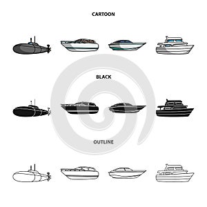 A military submarine, a speedboat, a pleasure boat and a spirit boat.Ships and water transport set collection icons in