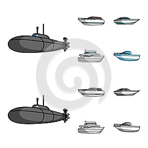 A military submarine, a speedboat, a pleasure boat and a spirit boat.Ships and water transport set collection icons in