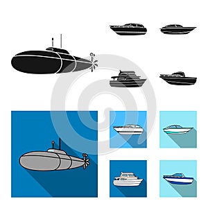 A military submarine, a speedboat, a pleasure boat and a spirit boat.Ships and water transport set collection icons in