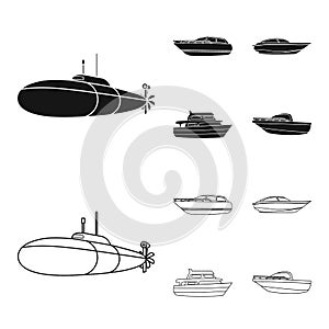 A military submarine, a speedboat, a pleasure boat and a spirit boat.Ships and water transport set collection icons in