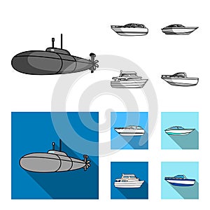 A military submarine, a speedboat, a pleasure boat and a spirit boat.Ships and water transport set collection icons in