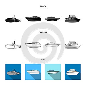 A military submarine, a speedboat, a pleasure boat and a spirit boat.Ships and water transport set collection icons in