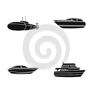 A military submarine, a speedboat, a pleasure boat and a spirit boat.Ships and water transport set collection icons in