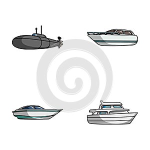 A military submarine, a speedboat, a pleasure boat and a spirit boat.Ships and water transport set collection icons in