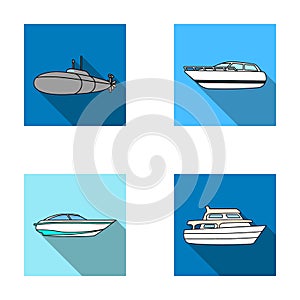 A military submarine, a speedboat, a pleasure boat and a spirit boat.Ships and water transport set collection icons in