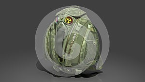 Military survivalist backpack in camouflage fabric with decorative gas mask and Geiger counter. 3D rendering photo