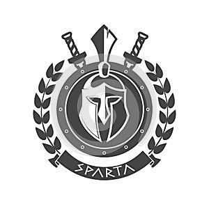 Military symbol, Spartan helmet in laurel wreath.