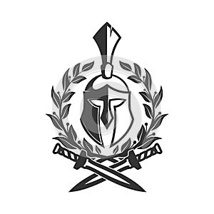 Military symbol, Spartan helmet in laurel wreath.