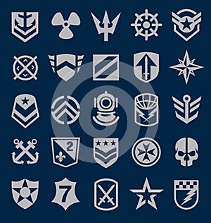 Military symbols icon set on navy blue