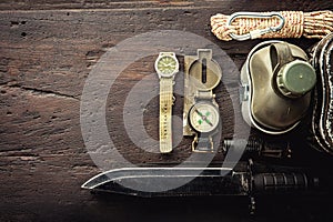 Military tactical equipment for the departure. Assortment of survival hiking gear