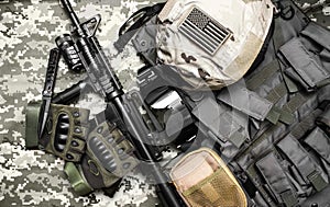 Military tactical equipment with rifle.