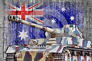 Military tank with concrete Australia flag