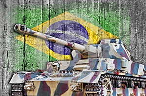 Military tank with concrete Brasil flag