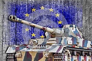 Military tank with concrete European Union flag