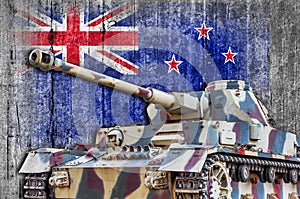 Military tank with concrete New Zeland flag