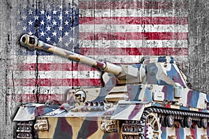 Military tank with concrete United States flag