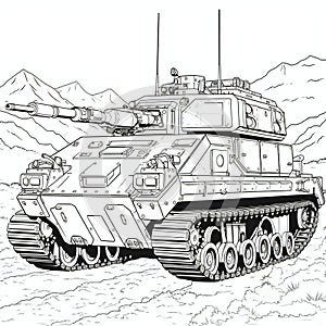 Military tank in the desert,  Black and white illustration for coloring book