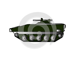 Military tank isolated on white. Armoured fighting vehicle designed for front-line combat, with heavy firepower, strong armour