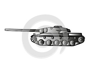 Military tank isolated on white. Armoured fighting vehicle designed for front-line combat, with heavy firepower, strong armour