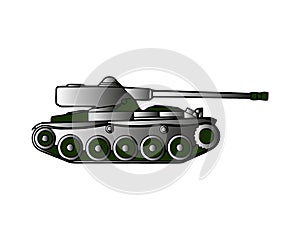 Military tank isolated on white. Armoured fighting vehicle designed for front-line combat, with heavy firepower, strong armour photo