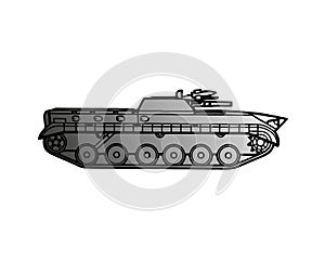 Military tank isolated on white. Armoured fighting vehicle designed for front-line combat, with heavy firepower, strong armour